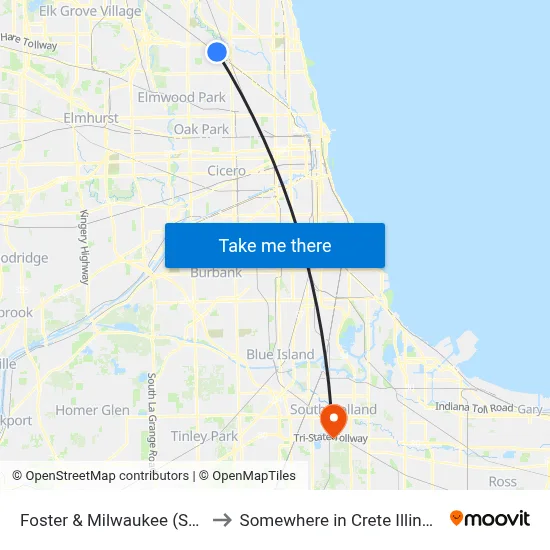 Foster & Milwaukee (Sw) to Somewhere in Crete Illinois map