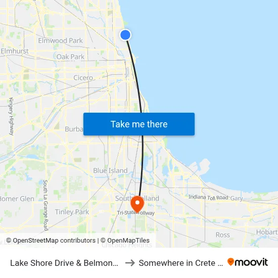 Lake Shore Drive & Belmont (South) to Somewhere in Crete Illinois map