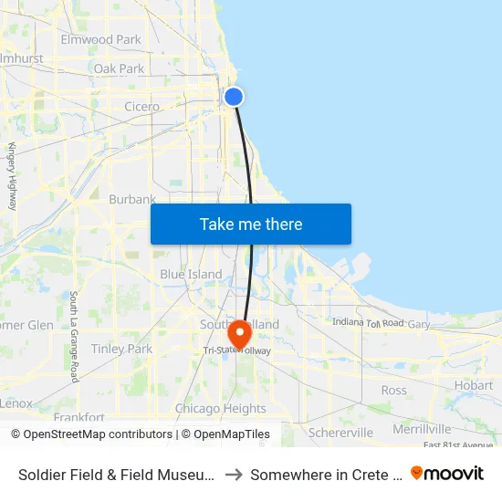 Soldier Field & Field Museum (East) to Somewhere in Crete Illinois map