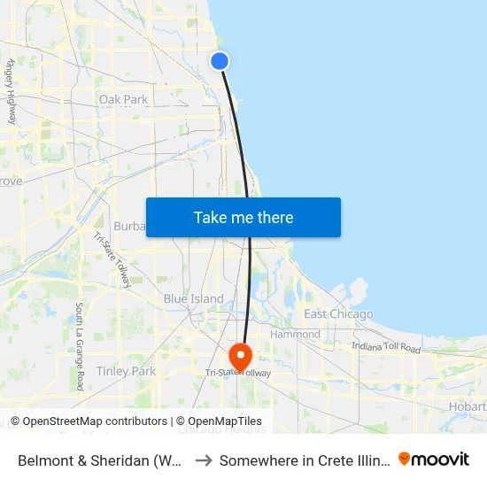 Belmont & Sheridan (West) to Somewhere in Crete Illinois map