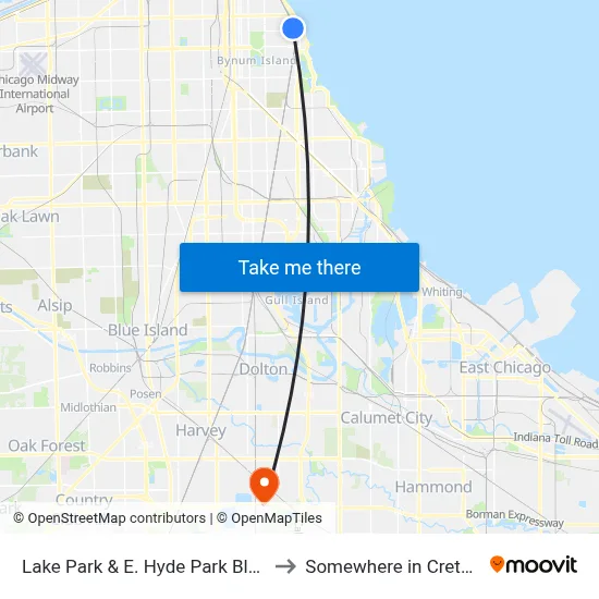 Lake Park & E. Hyde Park Blvd (South) to Somewhere in Crete Illinois map
