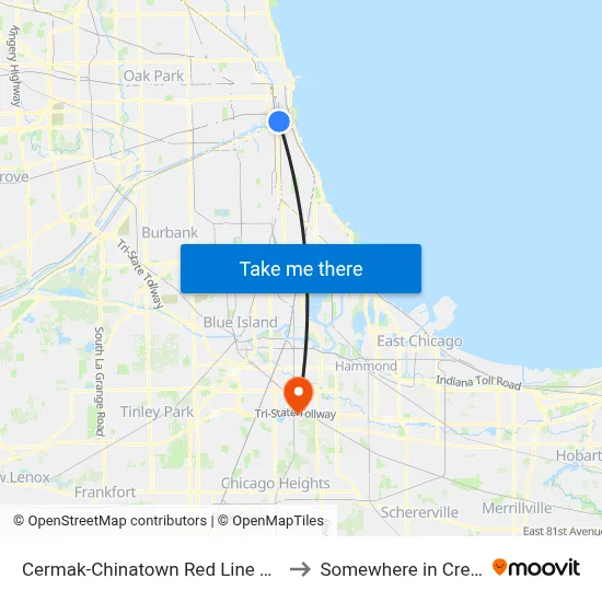 Cermak-Chinatown Red Line Station (West) to Somewhere in Crete Illinois map