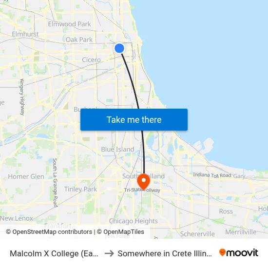Malcolm X College (East) to Somewhere in Crete Illinois map