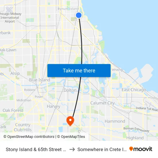 Stony Island & 65th Street (South) to Somewhere in Crete Illinois map
