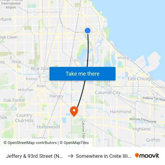 Jeffery & 93rd Street (North) to Somewhere in Crete Illinois map