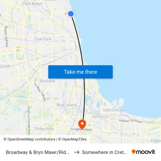 Broadway & Bryn Mawr/Ridge (South) to Somewhere in Crete Illinois map
