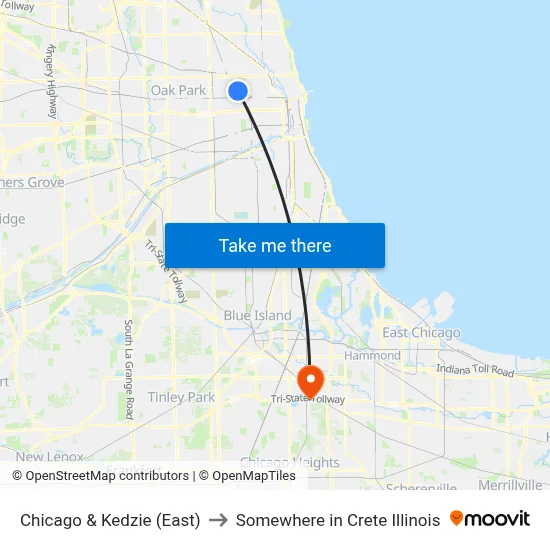 Chicago & Kedzie (East) to Somewhere in Crete Illinois map