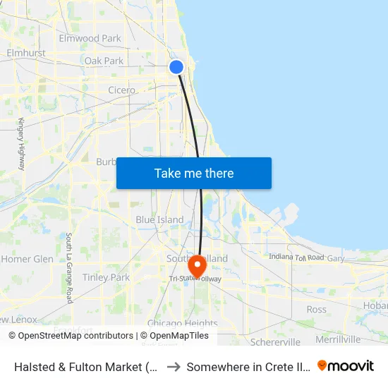 Halsted & Fulton Market (South) to Somewhere in Crete Illinois map