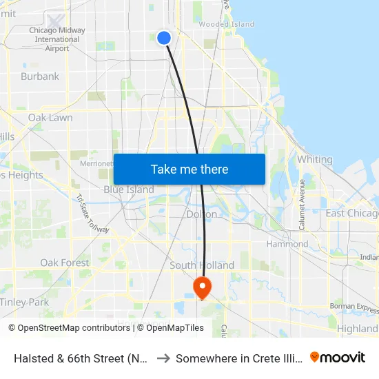 Halsted & 66th Street (North) to Somewhere in Crete Illinois map