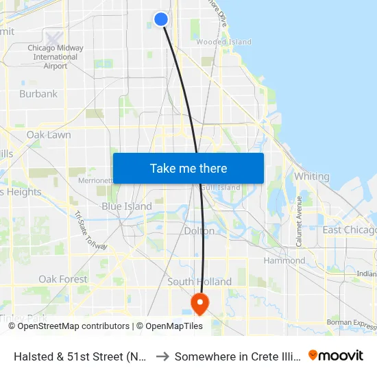 Halsted & 51st Street (North) to Somewhere in Crete Illinois map
