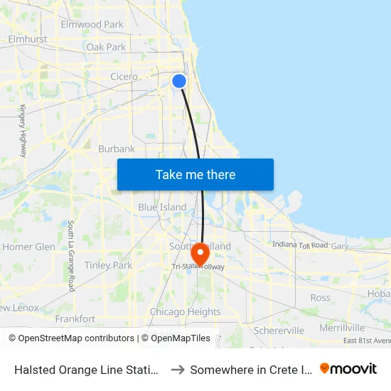Halsted Orange Line Station (Sw) to Somewhere in Crete Illinois map