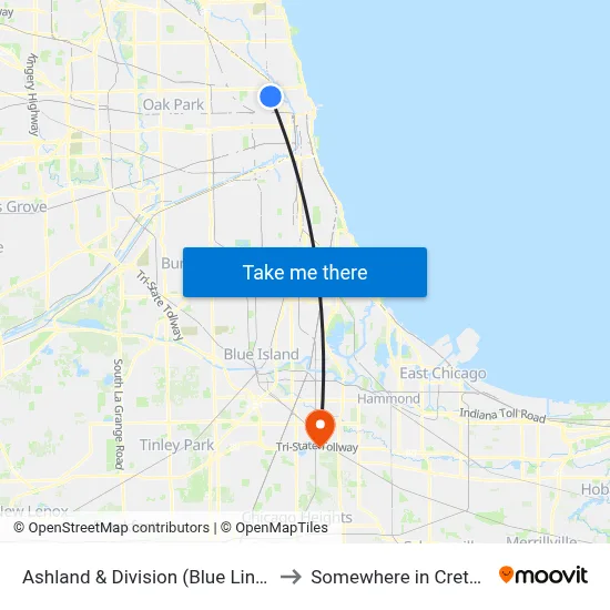Ashland & Division (Blue Line) (South) to Somewhere in Crete Illinois map