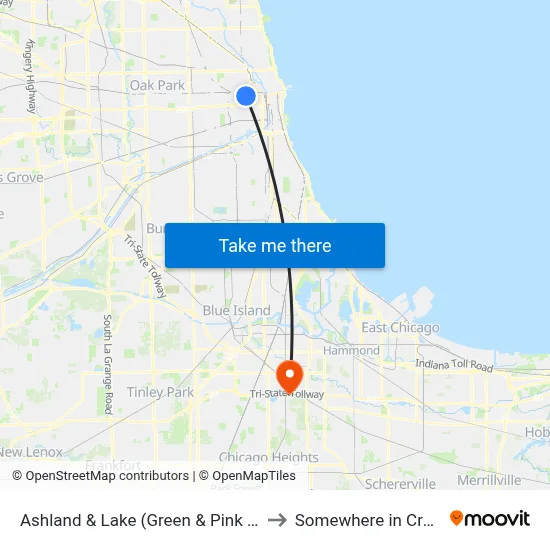 Ashland & Lake (Green & Pink Lines) (South) to Somewhere in Crete Illinois map