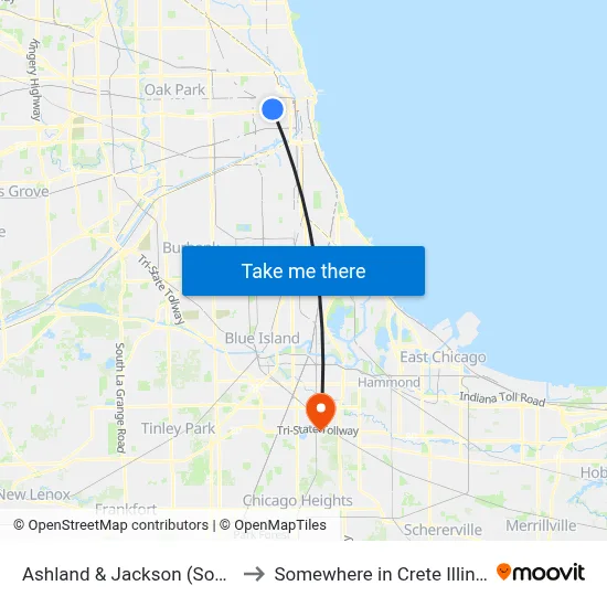 Ashland & Jackson (South) to Somewhere in Crete Illinois map