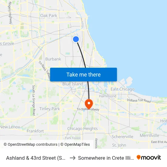 Ashland & 43rd Street (South) to Somewhere in Crete Illinois map