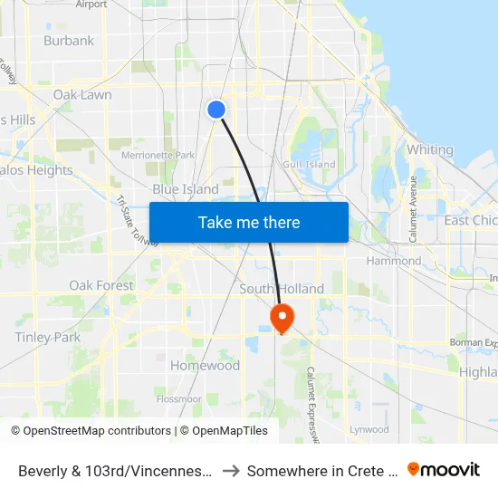 Beverly & 103rd/Vincennes (South) to Somewhere in Crete Illinois map