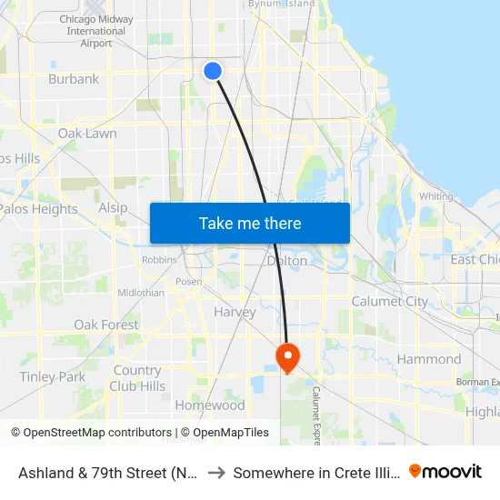 Ashland & 79th Street (North) to Somewhere in Crete Illinois map
