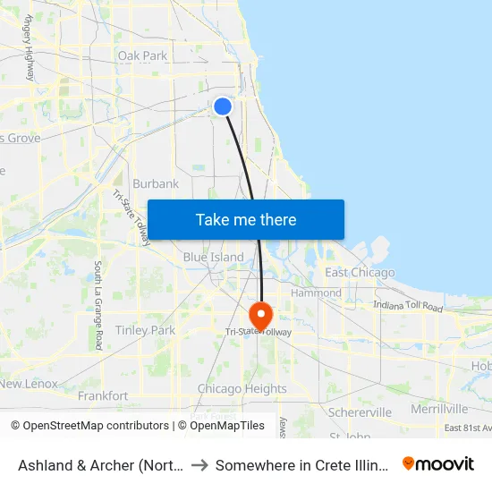 Ashland & Archer (North) to Somewhere in Crete Illinois map