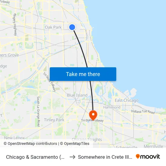 Chicago & Sacramento (West) to Somewhere in Crete Illinois map