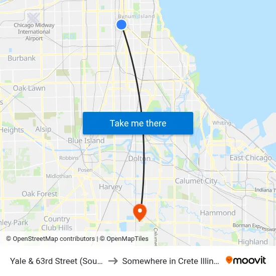Yale & 63rd Street (South) to Somewhere in Crete Illinois map