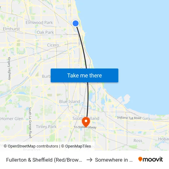 Fullerton & Sheffield (Red/Brown/Purple Line) (East) to Somewhere in Crete Illinois map