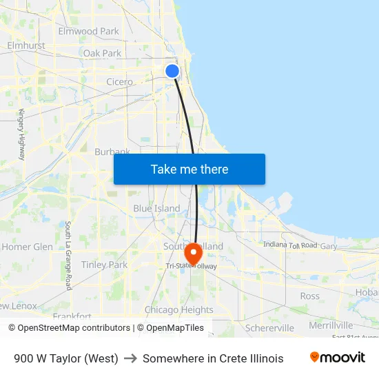 900 W Taylor (West) to Somewhere in Crete Illinois map