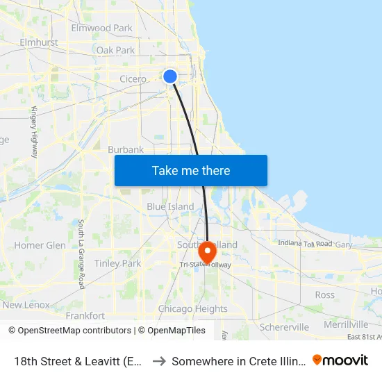 18th Street & Leavitt (East) to Somewhere in Crete Illinois map