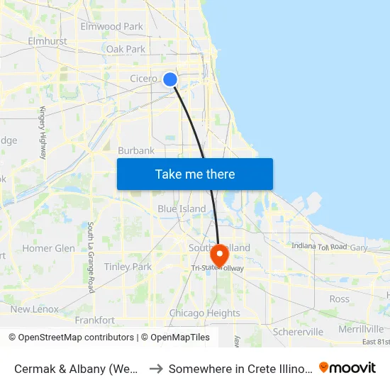 Cermak & Albany (West) to Somewhere in Crete Illinois map