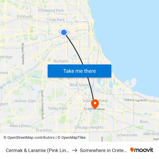 Cermak & Laramie (Pink Line) (East) to Somewhere in Crete Illinois map