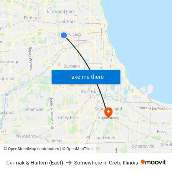 Cermak & Harlem (East) to Somewhere in Crete Illinois map