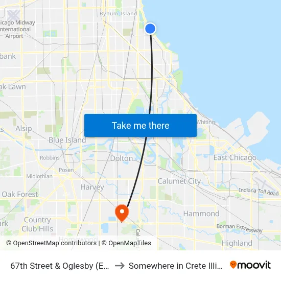 67th Street & Oglesby (East) to Somewhere in Crete Illinois map