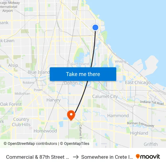 Commercial & 87th Street (South) to Somewhere in Crete Illinois map