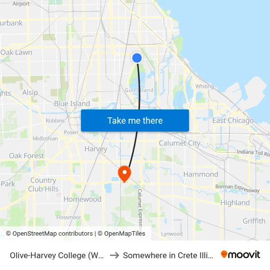 Olive-Harvey College (West) to Somewhere in Crete Illinois map