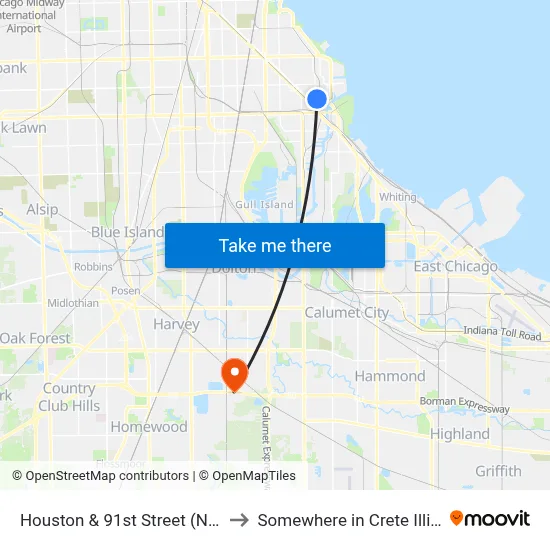 Houston & 91st Street (North) to Somewhere in Crete Illinois map