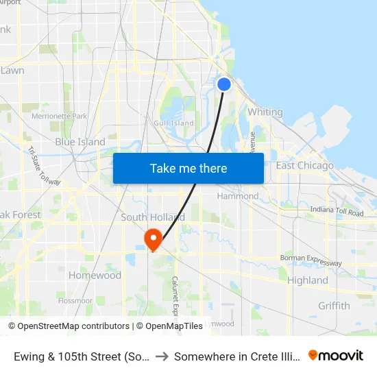 Ewing & 105th Street (South) to Somewhere in Crete Illinois map
