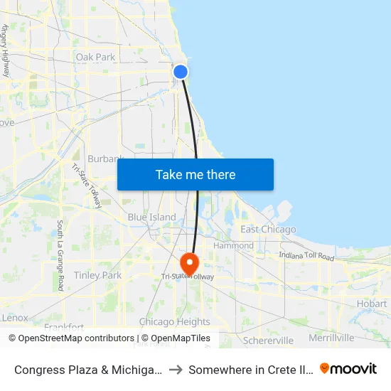 Congress Plaza & Michigan (Ne) to Somewhere in Crete Illinois map