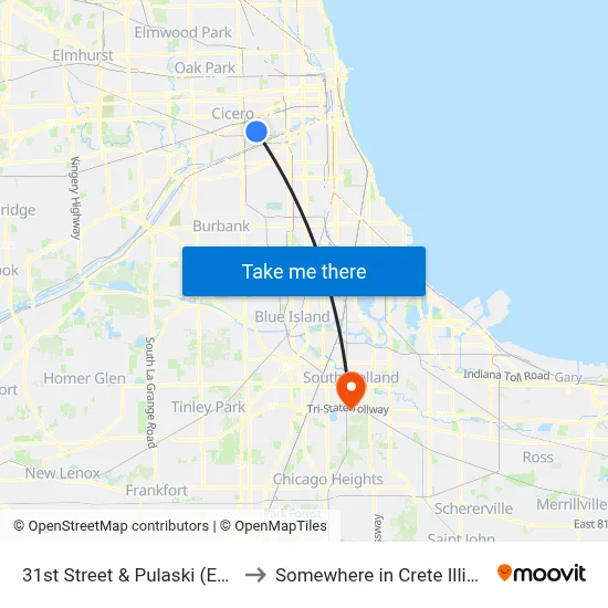 31st Street & Pulaski (East) to Somewhere in Crete Illinois map
