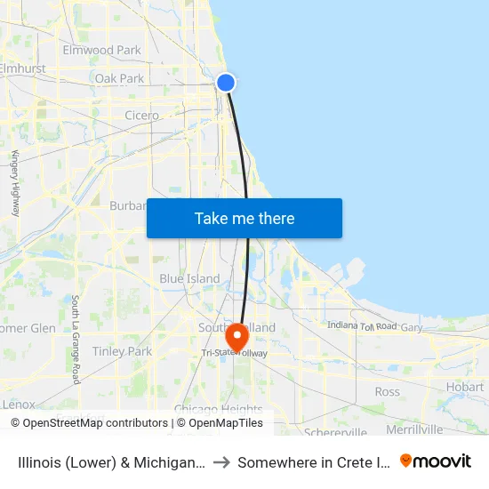 Illinois (Lower) & Michigan (East) to Somewhere in Crete Illinois map