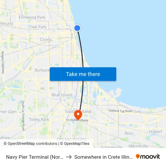 Navy Pier Terminal (North) to Somewhere in Crete Illinois map