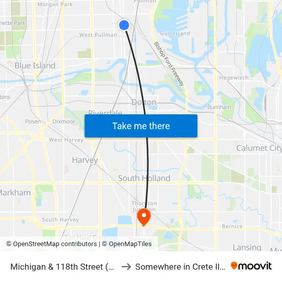 Michigan & 118th Street (North) to Somewhere in Crete Illinois map