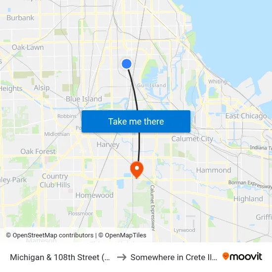 Michigan & 108th Street (North) to Somewhere in Crete Illinois map