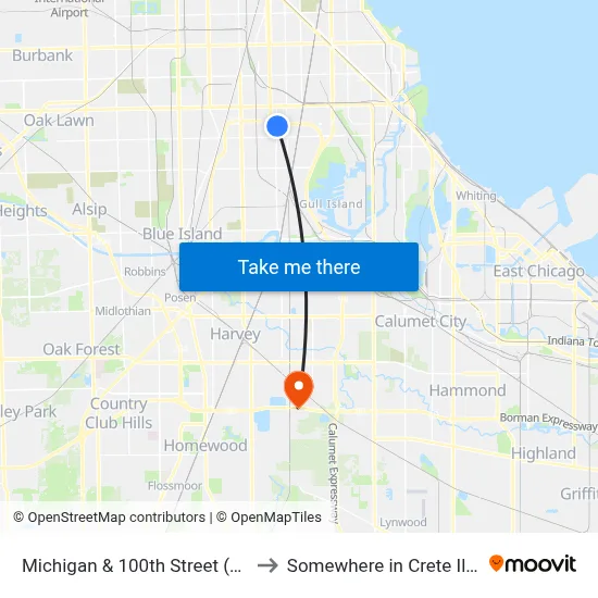 Michigan & 100th Street (North) to Somewhere in Crete Illinois map