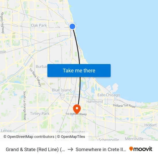 Grand & State (Red Line) (West) to Somewhere in Crete Illinois map