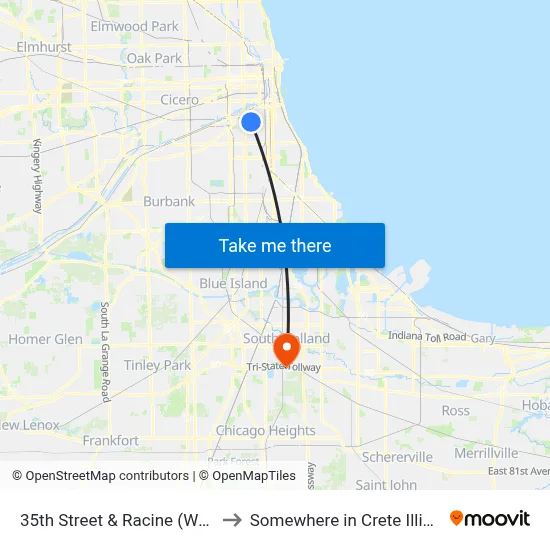 35th Street & Racine (West) to Somewhere in Crete Illinois map