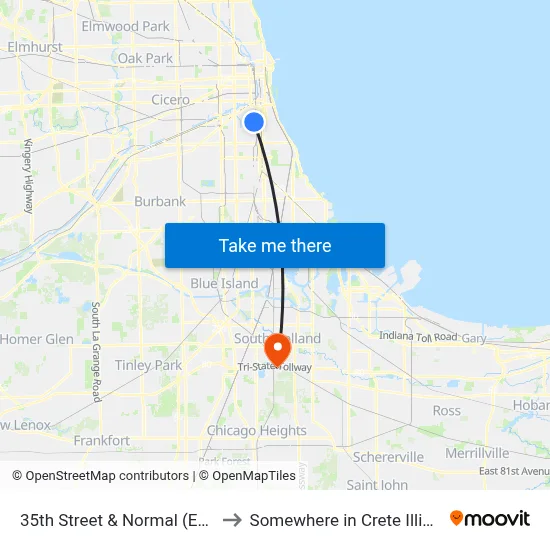 35th Street & Normal (East) to Somewhere in Crete Illinois map