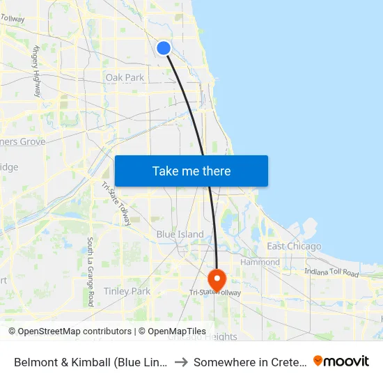 Belmont & Kimball (Blue Line) (West) to Somewhere in Crete Illinois map