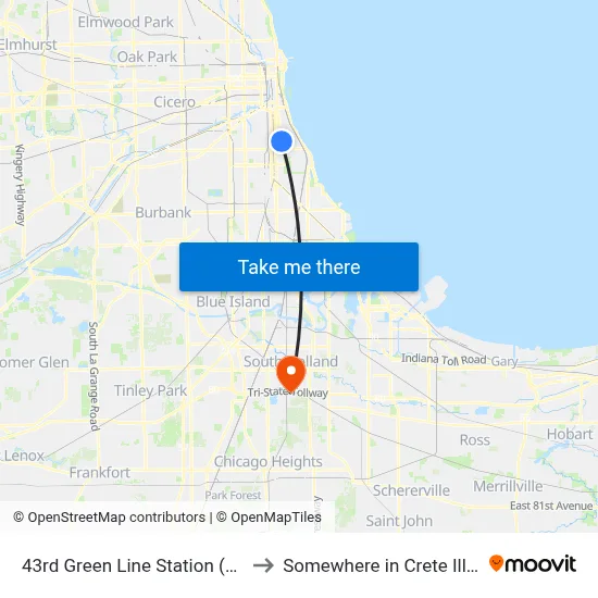 43rd Green Line Station (West) to Somewhere in Crete Illinois map