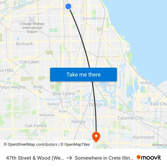47th Street & Wood (West) to Somewhere in Crete Illinois map