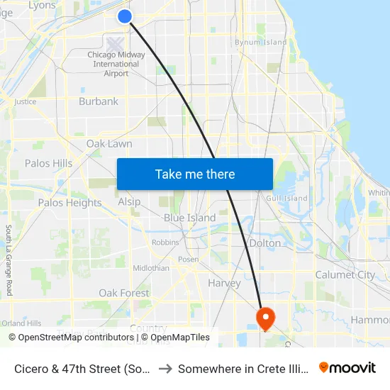 Cicero & 47th Street (South) to Somewhere in Crete Illinois map