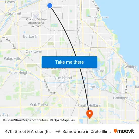 47th Street & Archer (East) to Somewhere in Crete Illinois map